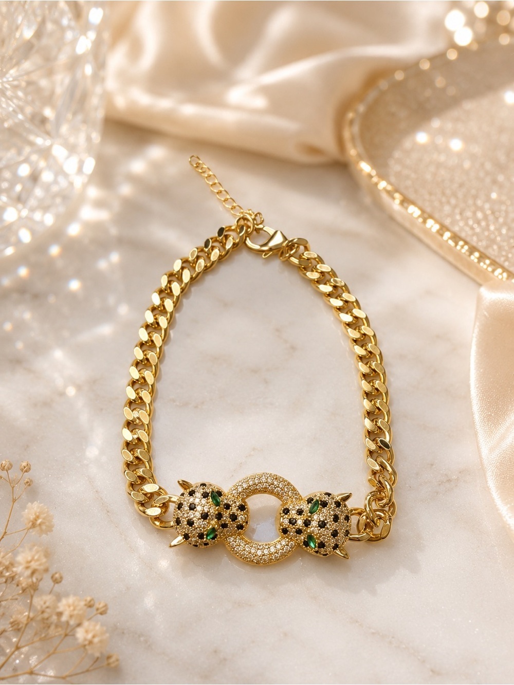 Gold Panther Link Bracelet – Crystal Pavé Statement Bracelet